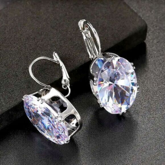 NWT - Large Oval Cut Cubic Zirconia Silver Earrings Lever Backing - Nickel Free - Picture 1 of 7